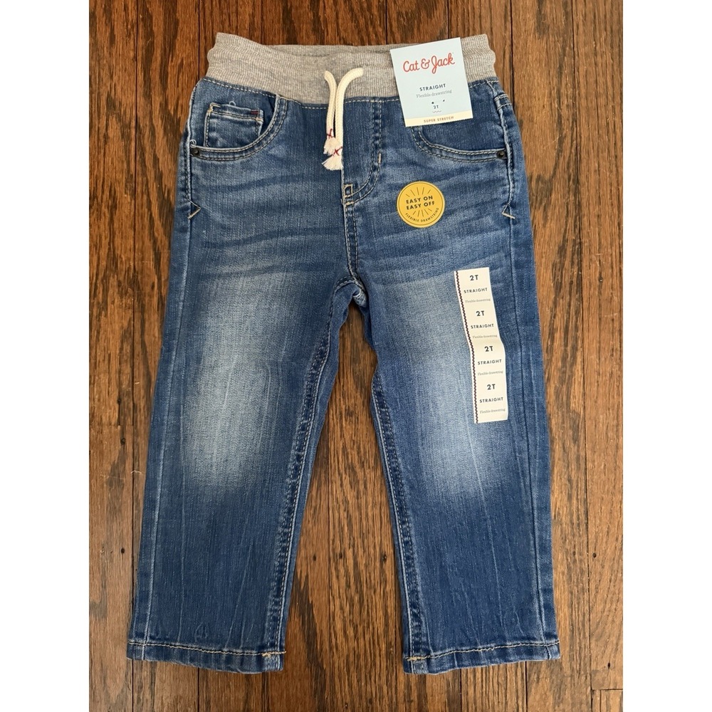 Cat & Jack Boys' Super Stretch Blue Jeans Straight Flexible Drawstring Size 2T